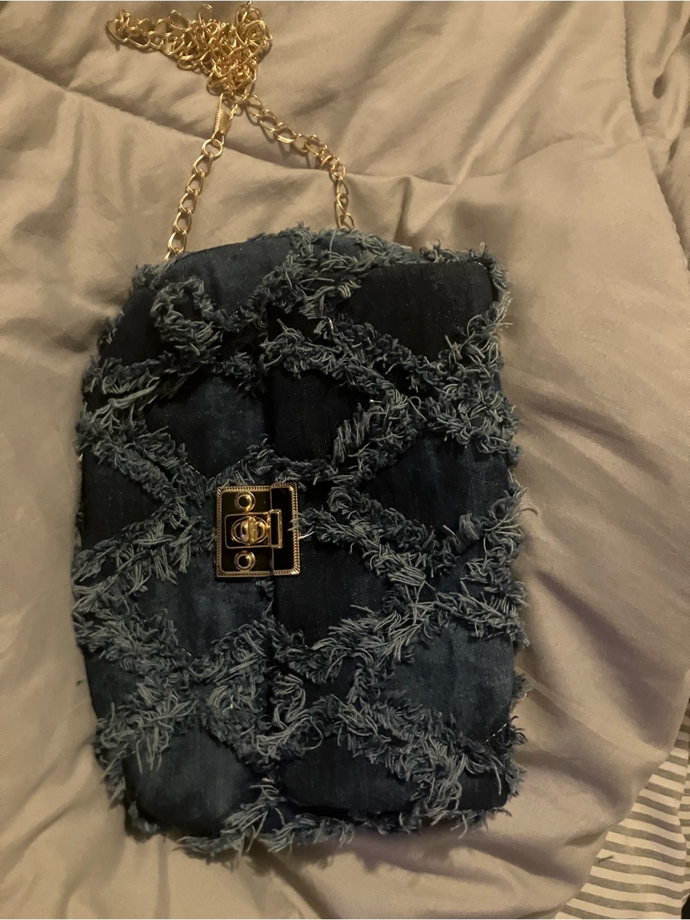Frayed Denim Crossbody Bag with Gold Chain